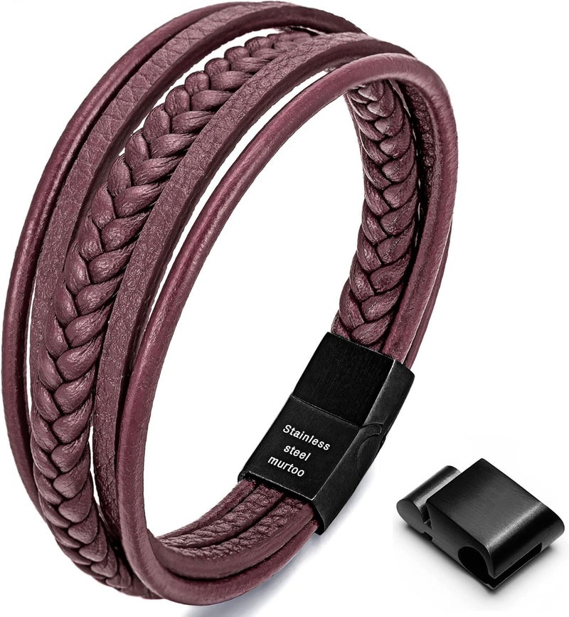 Murtoo Mens Leather Bracelet with Clasp Cowhide Multi-Layer Braided Leather Mens Bracelet - Image 1